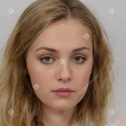 Neutral white young-adult female with long  brown hair and brown eyes