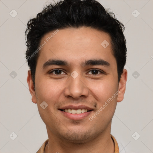 Joyful white young-adult male with short  black hair and brown eyes