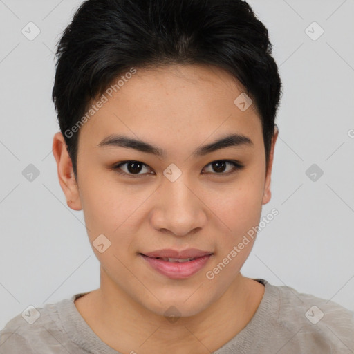 Joyful asian young-adult female with short  brown hair and brown eyes