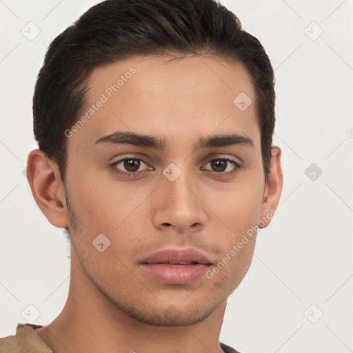 Neutral white young-adult male with short  brown hair and brown eyes