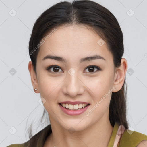 Joyful white young-adult female with medium  brown hair and brown eyes