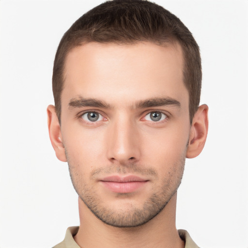 Neutral white young-adult male with short  brown hair and brown eyes