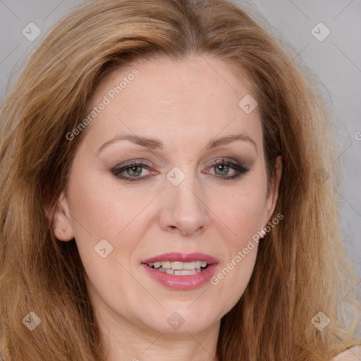 Joyful white adult female with long  brown hair and brown eyes