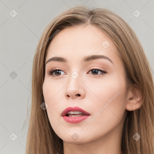 Neutral white young-adult female with long  brown hair and brown eyes