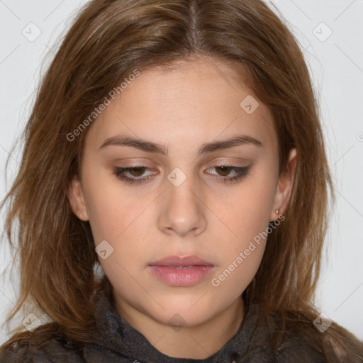 Neutral white young-adult female with medium  brown hair and brown eyes