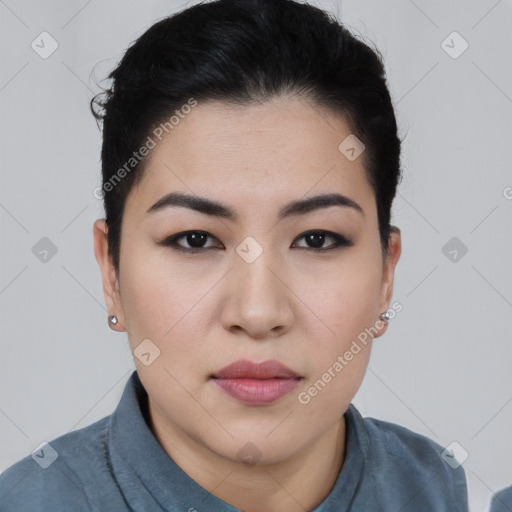 Joyful white young-adult female with short  black hair and brown eyes