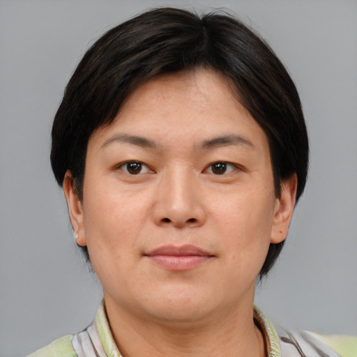 Neutral asian young-adult female with short  brown hair and brown eyes