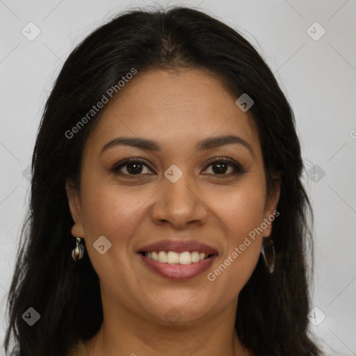 Joyful latino young-adult female with long  brown hair and brown eyes