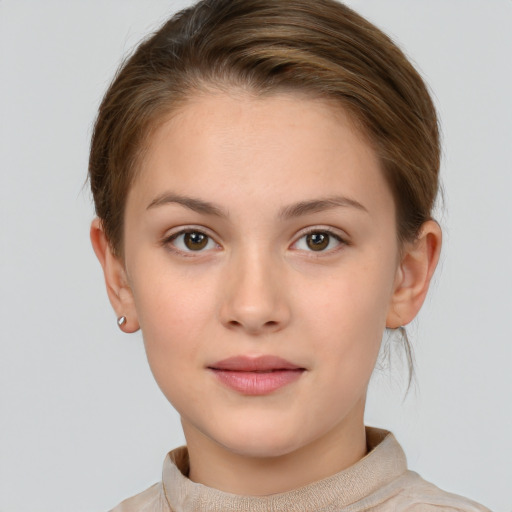 Neutral white young-adult female with short  brown hair and brown eyes