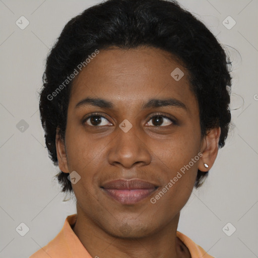 Joyful black young-adult female with short  brown hair and brown eyes