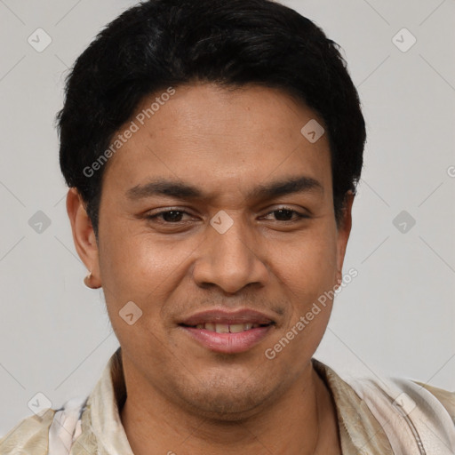 Joyful latino young-adult male with short  black hair and brown eyes