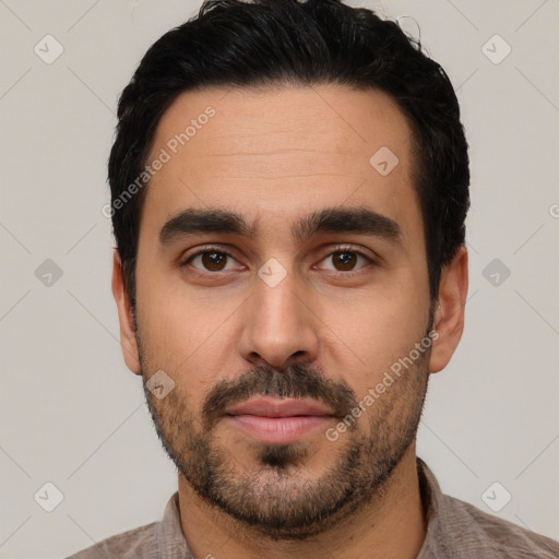 Neutral latino young-adult male with short  black hair and brown eyes