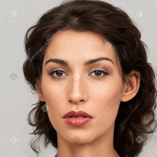 Neutral white young-adult female with medium  brown hair and brown eyes