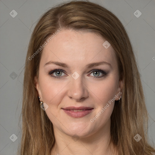 Joyful white young-adult female with long  brown hair and grey eyes