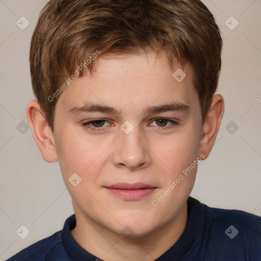 Joyful white child male with short  brown hair and brown eyes