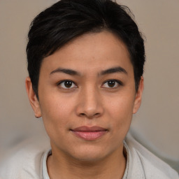 Joyful asian young-adult female with short  brown hair and brown eyes