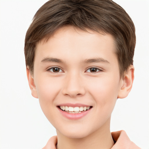 Joyful white child male with short  brown hair and brown eyes