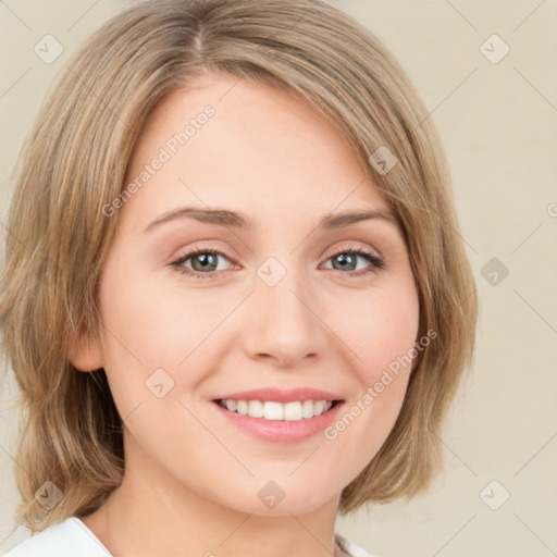 Joyful white young-adult female with medium  brown hair and green eyes