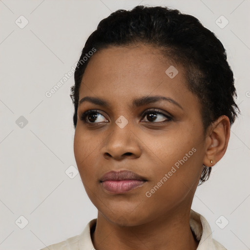 Neutral black young-adult female with short  black hair and brown eyes