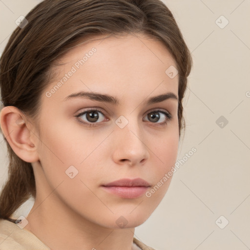 Neutral white young-adult female with medium  brown hair and brown eyes