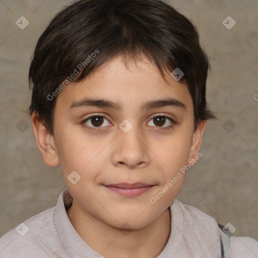 Joyful white child female with short  brown hair and brown eyes