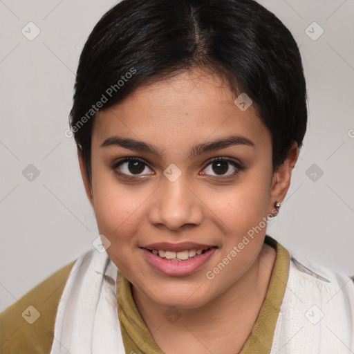 Joyful white child female with short  brown hair and brown eyes