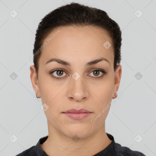 Neutral latino young-adult female with short  brown hair and brown eyes