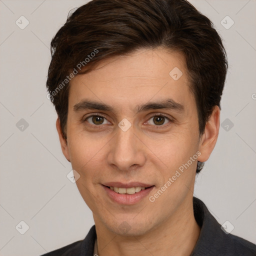 Joyful white young-adult male with short  brown hair and brown eyes