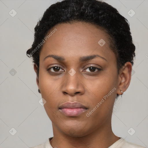 Neutral black young-adult female with short  black hair and brown eyes