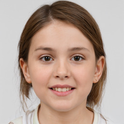 Joyful white child female with medium  brown hair and brown eyes