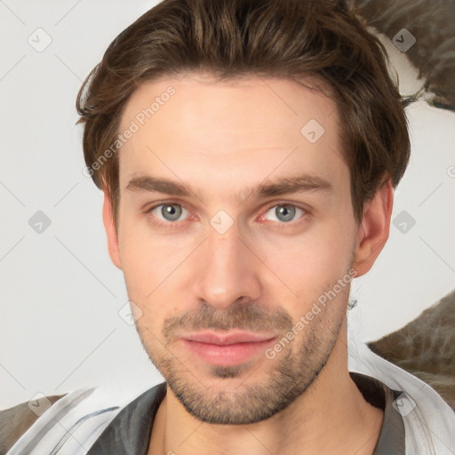 Neutral white young-adult male with short  brown hair and brown eyes