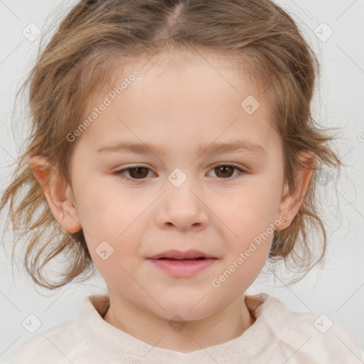 Joyful white child female with medium  brown hair and brown eyes