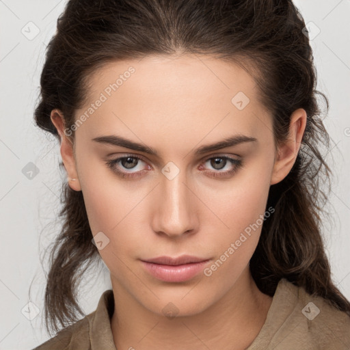 Neutral white young-adult female with medium  brown hair and brown eyes