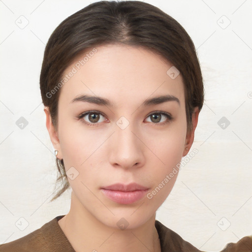 Neutral white young-adult female with short  brown hair and brown eyes