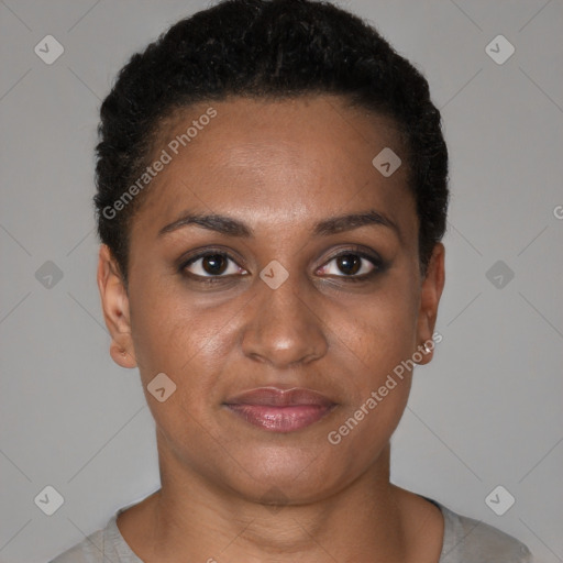 Joyful black young-adult female with short  brown hair and brown eyes