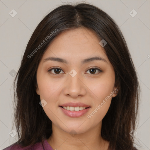 Joyful white young-adult female with long  brown hair and brown eyes