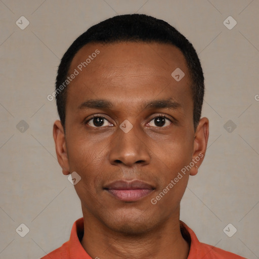 Neutral black young-adult male with short  black hair and brown eyes