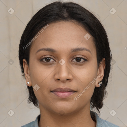 Neutral asian young-adult female with medium  brown hair and brown eyes