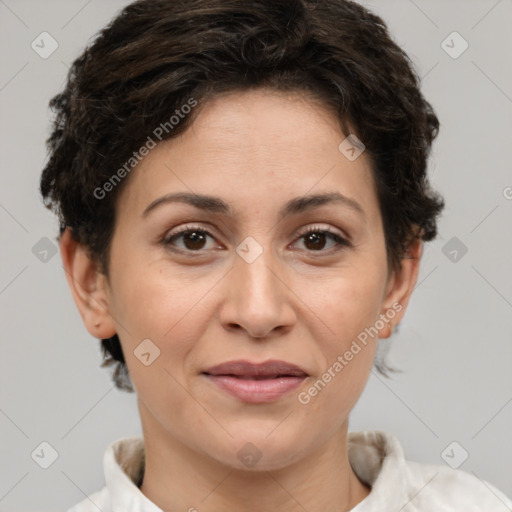 Joyful white adult female with short  brown hair and brown eyes