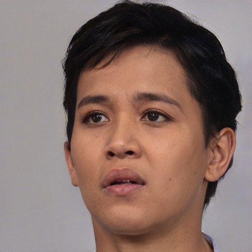 Neutral asian young-adult female with short  black hair and brown eyes