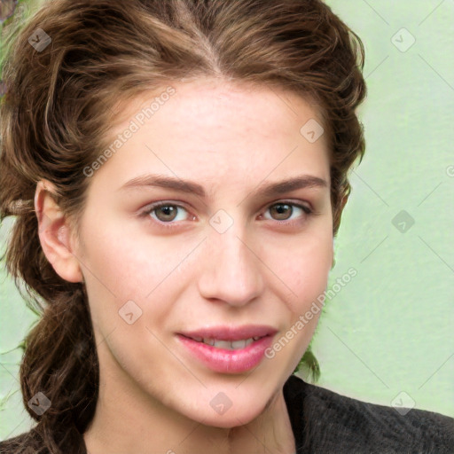 Joyful white young-adult female with medium  brown hair and green eyes
