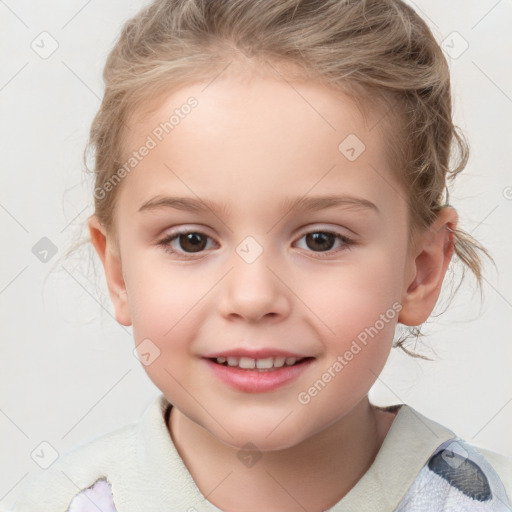 Joyful white child female with medium  brown hair and brown eyes