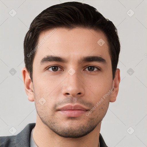 Neutral white young-adult male with short  brown hair and brown eyes