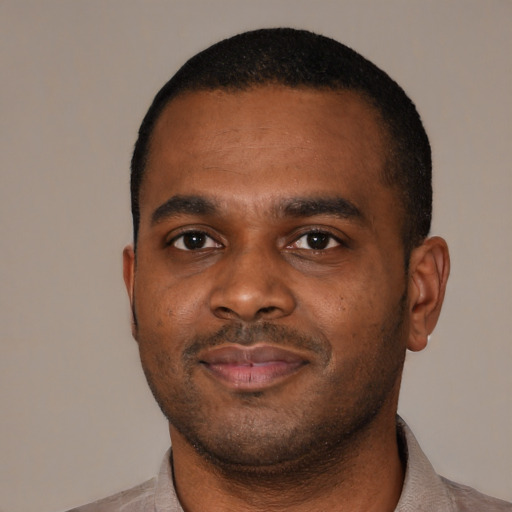 Neutral black young-adult male with short  black hair and brown eyes