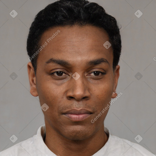 Neutral black young-adult male with short  black hair and brown eyes