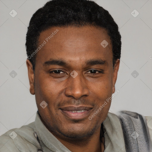Joyful latino adult male with short  black hair and brown eyes