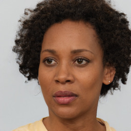 Joyful black adult female with short  brown hair and brown eyes