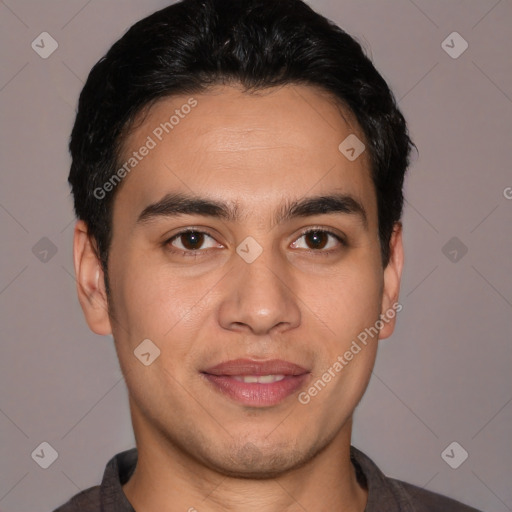 Joyful white young-adult male with short  black hair and brown eyes