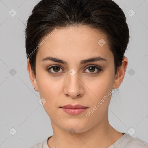 Neutral white young-adult female with short  brown hair and brown eyes