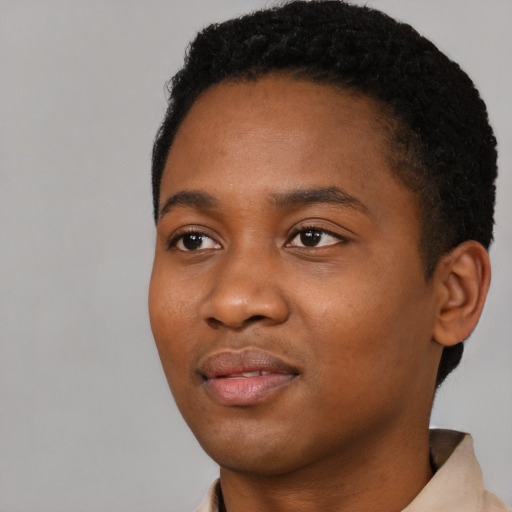Neutral black young-adult female with short  black hair and brown eyes